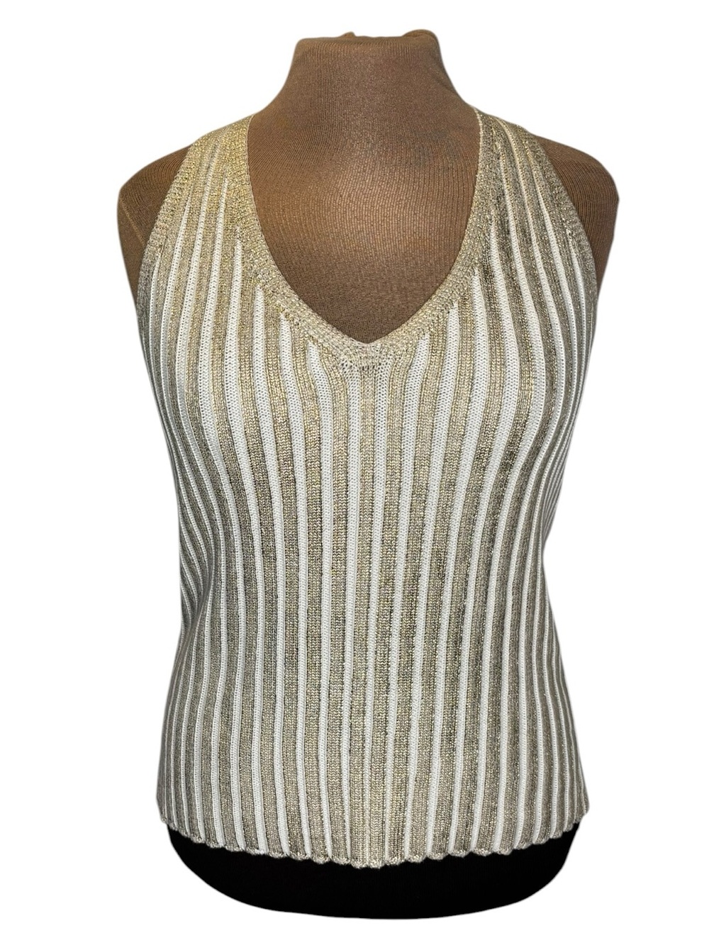DKNY White and Gold Metallic Ribbed V-Neck knit Cotton Tank size Small